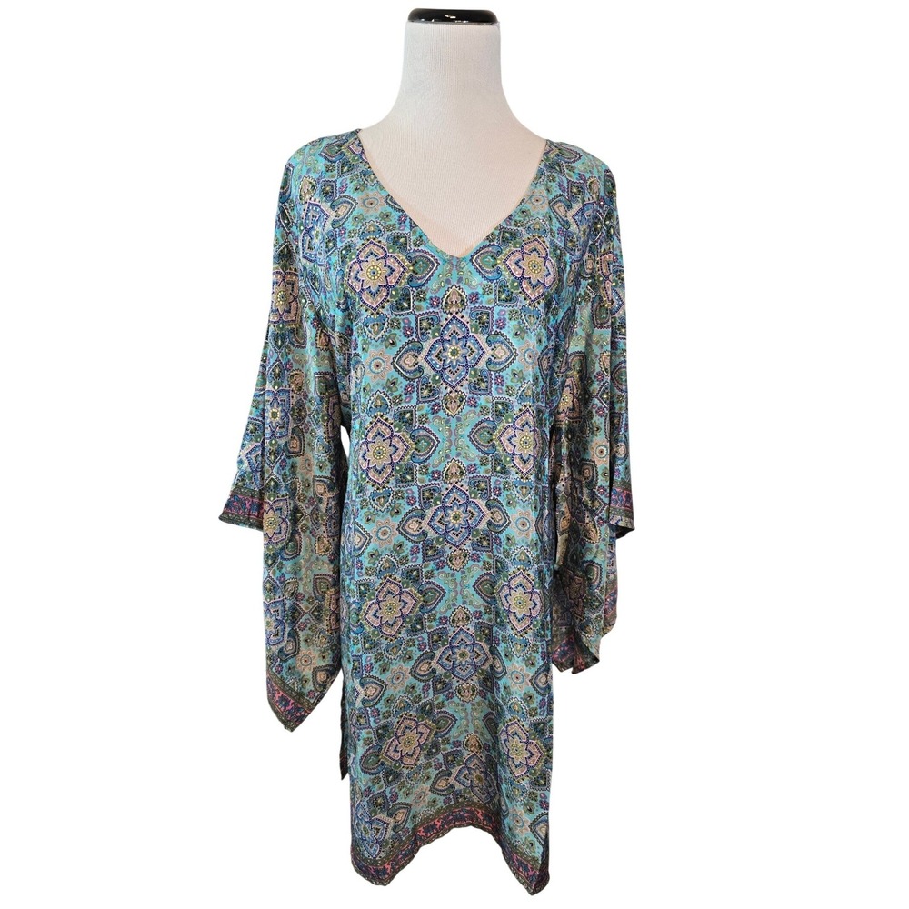 White Waves Turquoise Paisley Kimono Sleeve Tunic Kaftan Dress One‎ Size New